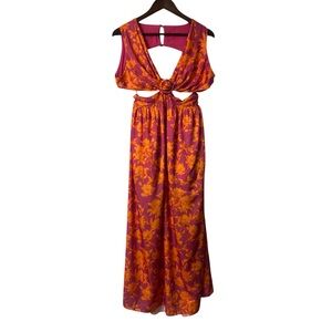 All About May Pink Orange Tropical Floral Cutout Ring Maxi Dress Size 6 Vacation